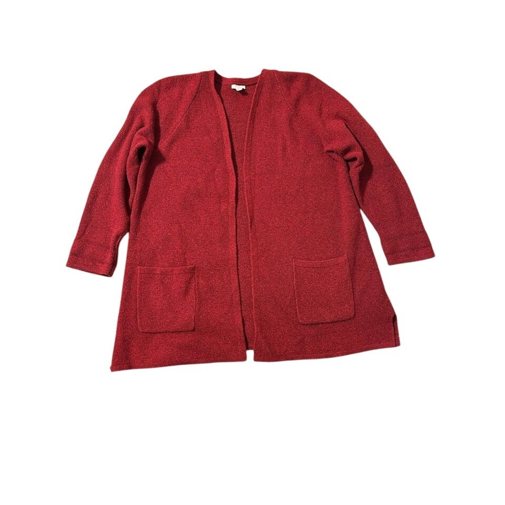 J Jill XL Red Knit Cardigan Open Front Pockets Slit Hem Long Sleeve